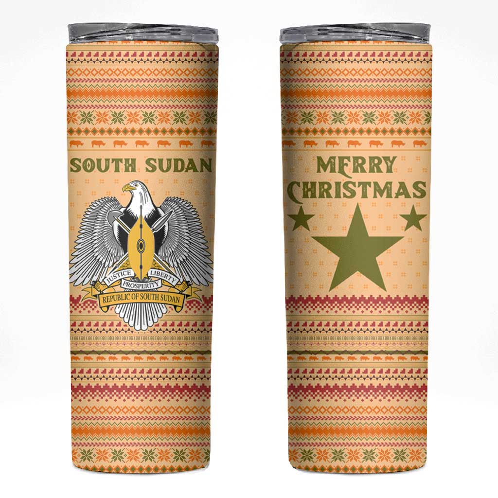 South Sudan Christmas Skinny Tumbler Beige Tribal Pattern, National Emblem, and Green Star Motif - African Pride