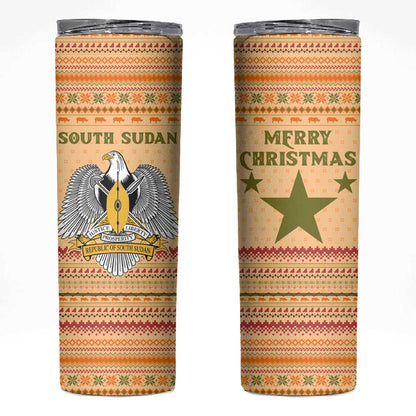 South Sudan Christmas Skinny Tumbler Beige Tribal Pattern, National Emblem, and Green Star Motif - African Pride