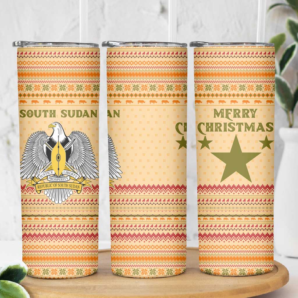 South Sudan Christmas Skinny Tumbler Beige Tribal Pattern, National Emblem, and Green Star Motif - African Pride