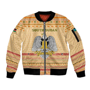 South Sudan Christmas Sleeve Zip Bomber Jacket Beige Tribal Pattern, National Emblem, and Green Star Motif - African Pride