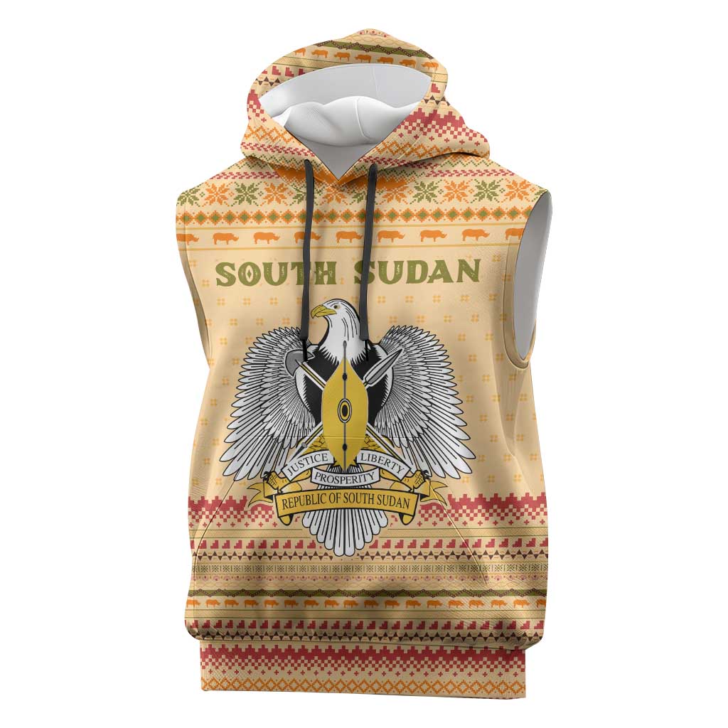 South Sudan Christmas Sleeveless Hoodie Beige Tribal Pattern, National Emblem, and Green Star Motif - African Pride