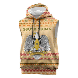 South Sudan Christmas Sleeveless Hoodie Beige Tribal Pattern, National Emblem, and Green Star Motif - African Pride