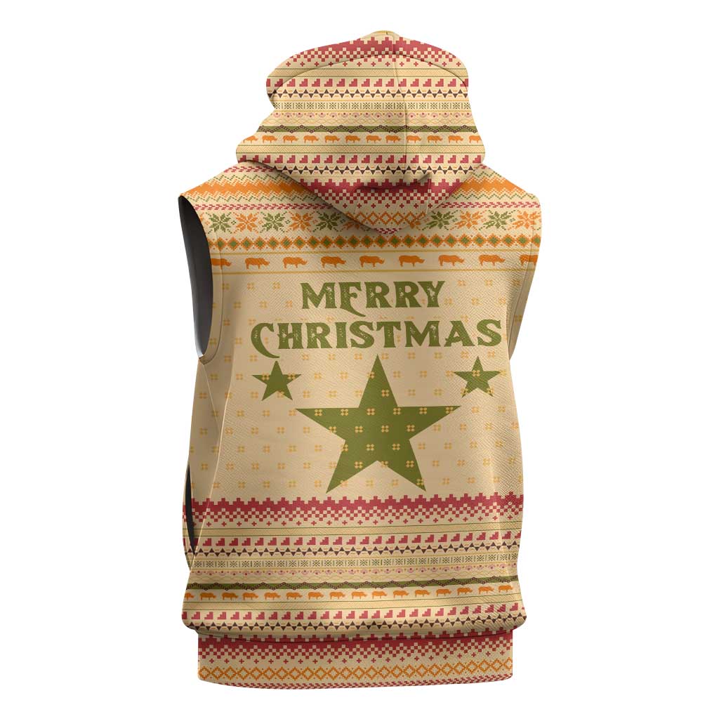 South Sudan Christmas Sleeveless Hoodie Beige Tribal Pattern, National Emblem, and Green Star Motif - African Pride