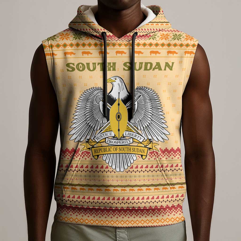 South Sudan Christmas Sleeveless Hoodie Beige Tribal Pattern, National Emblem, and Green Star Motif - African Pride