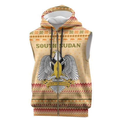 South Sudan Christmas Sleeveless Zip Hoodie Beige Tribal Pattern, National Emblem, and Green Star Motif - African Pride