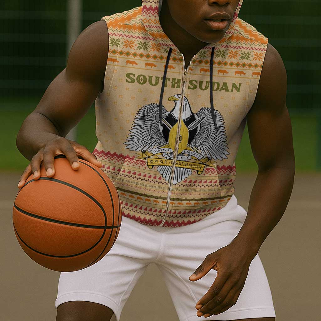 South Sudan Christmas Sleeveless Zip Hoodie Beige Tribal Pattern, National Emblem, and Green Star Motif - African Pride