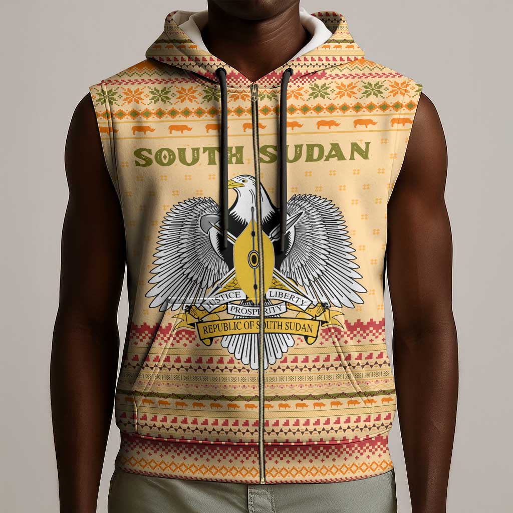 South Sudan Christmas Sleeveless Zip Hoodie Beige Tribal Pattern, National Emblem, and Green Star Motif - African Pride