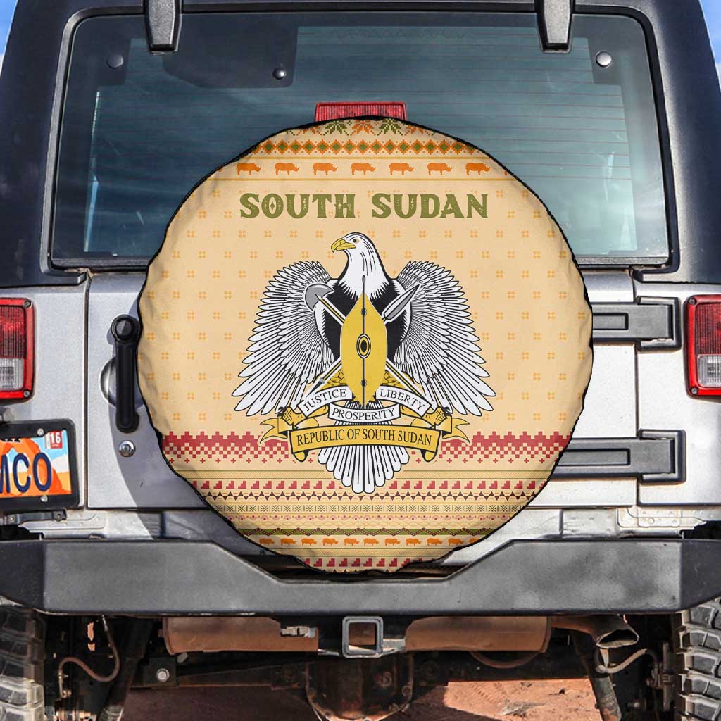 South Sudan Christmas Spare Tire Cover Beige Tribal Pattern, National Emblem, and Green Star Motif - African Pride