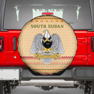 South Sudan Christmas Spare Tire Cover Beige Tribal Pattern, National Emblem, and Green Star Motif - African Pride