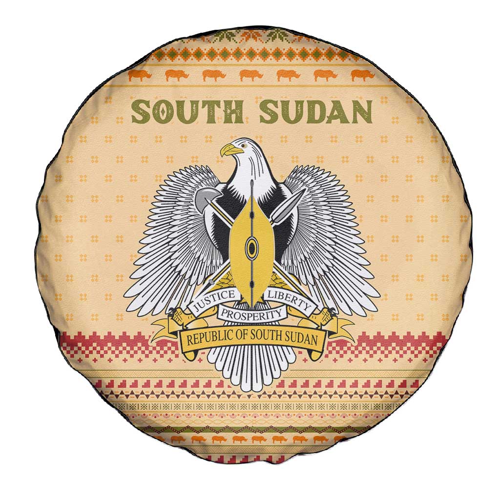 South Sudan Christmas Spare Tire Cover Beige Tribal Pattern, National Emblem, and Green Star Motif - African Pride