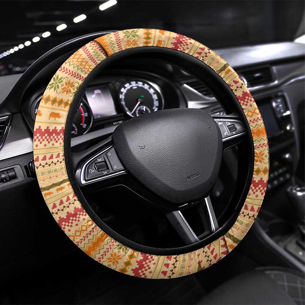 South Sudan Christmas Steering Wheel Cover Beige Tribal Pattern, National Emblem, and Green Star Motif - African Pride