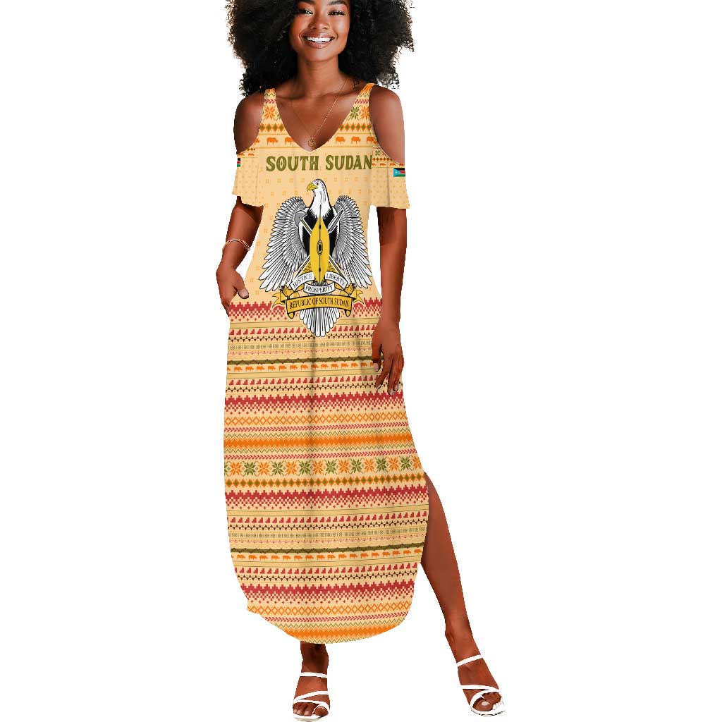 South Sudan Christmas Summer Maxi Dress Beige Tribal Pattern, National Emblem, and Green Star Motif - African Pride