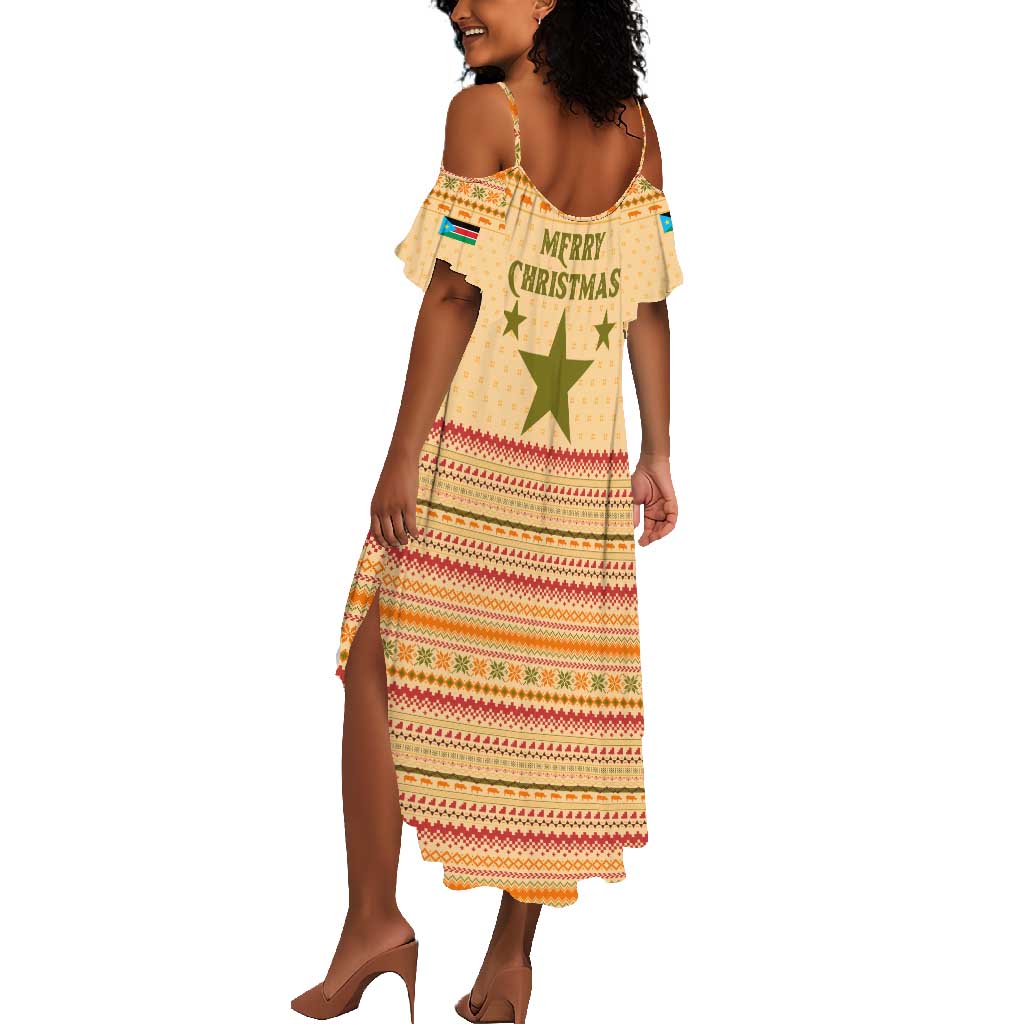 South Sudan Christmas Summer Maxi Dress Beige Tribal Pattern, National Emblem, and Green Star Motif - African Pride
