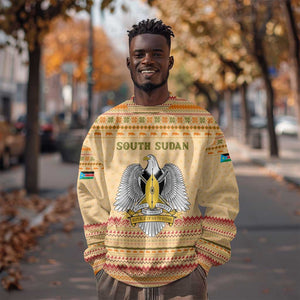 South Sudan Christmas Sweatshirt Beige Tribal Pattern, National Emblem, and Green Star Motif - African Pride