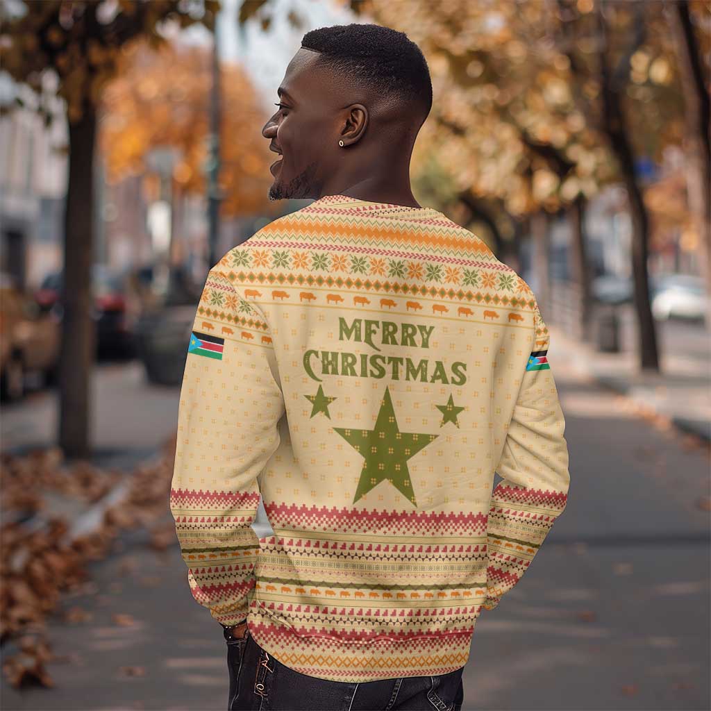 South Sudan Christmas Sweatshirt Beige Tribal Pattern, National Emblem, and Green Star Motif - African Pride