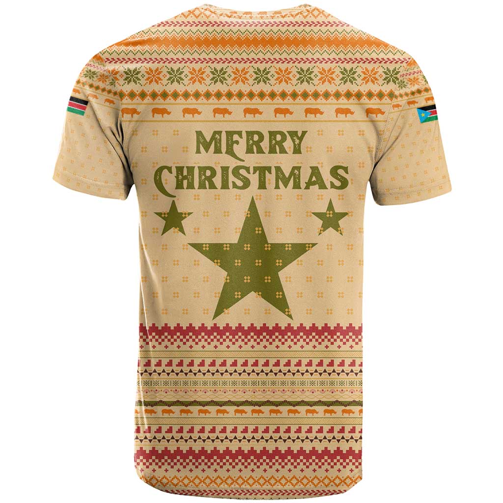 South Sudan Christmas T shirt Beige Tribal Pattern, National Emblem, and Green Star Motif - African Pride