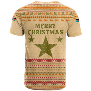 South Sudan Christmas T shirt Beige Tribal Pattern, National Emblem, and Green Star Motif - African Pride