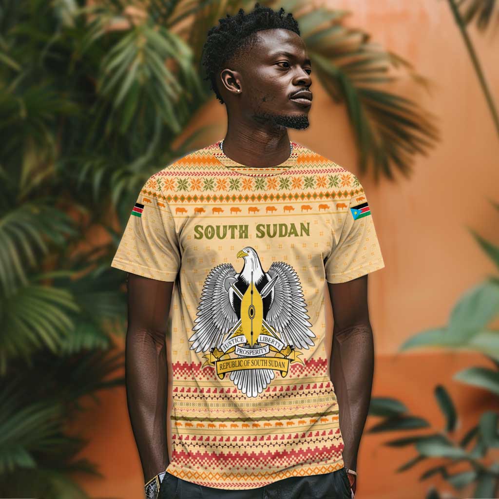 South Sudan Christmas T shirt Beige Tribal Pattern, National Emblem, and Green Star Motif - African Pride