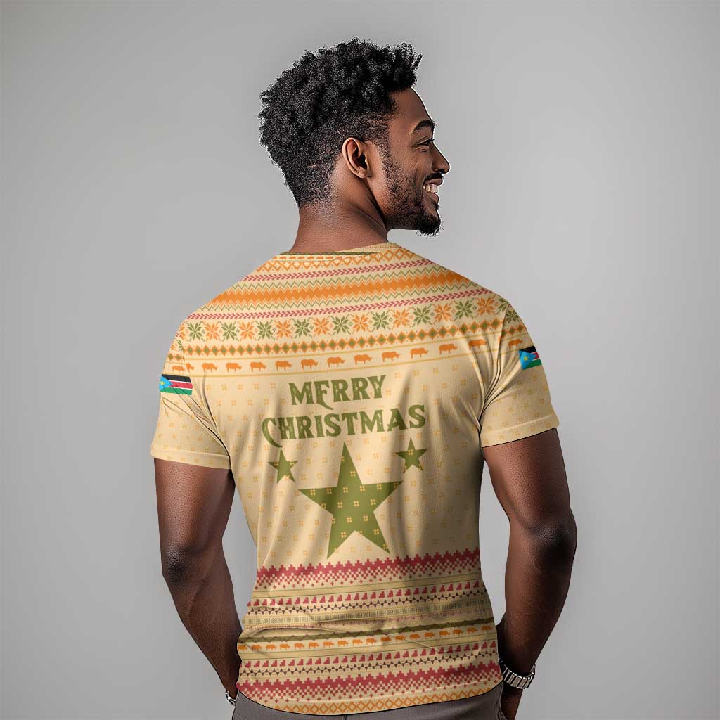 South Sudan Christmas T shirt Beige Tribal Pattern, National Emblem, and Green Star Motif - African Pride