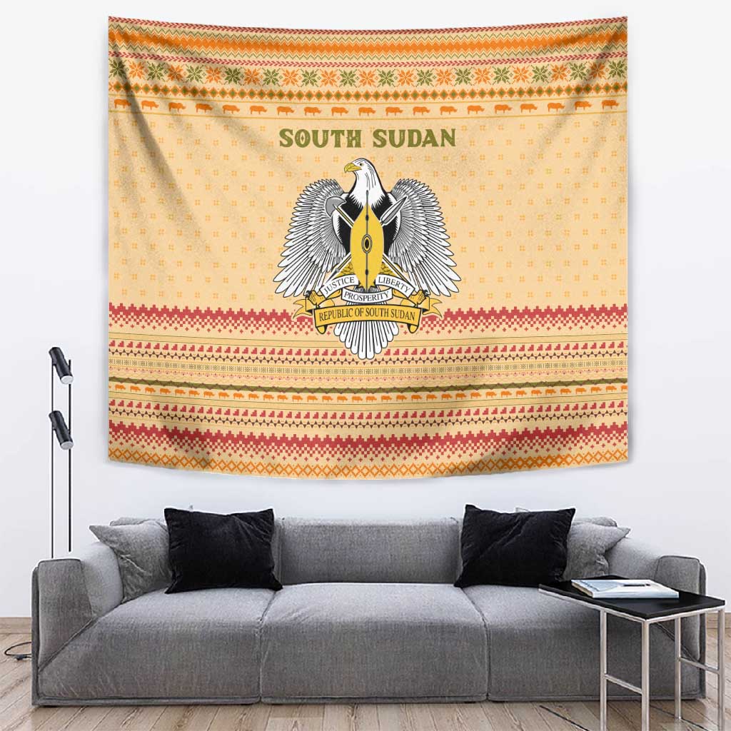 South Sudan Christmas Tapestry Beige Tribal Pattern, National Emblem, and Green Star Motif - African Pride