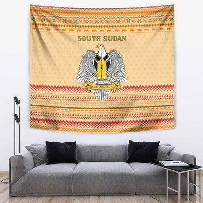 South Sudan Christmas Tapestry Beige Tribal Pattern, National Emblem, and Green Star Motif - African Pride