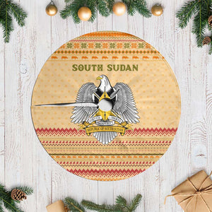 South Sudan Christmas Tree Skirt Beige Tribal Pattern, National Emblem, and Green Star Motif - African Pride