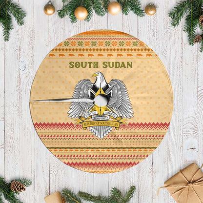 South Sudan Christmas Tree Skirt Beige Tribal Pattern, National Emblem, and Green Star Motif - African Pride