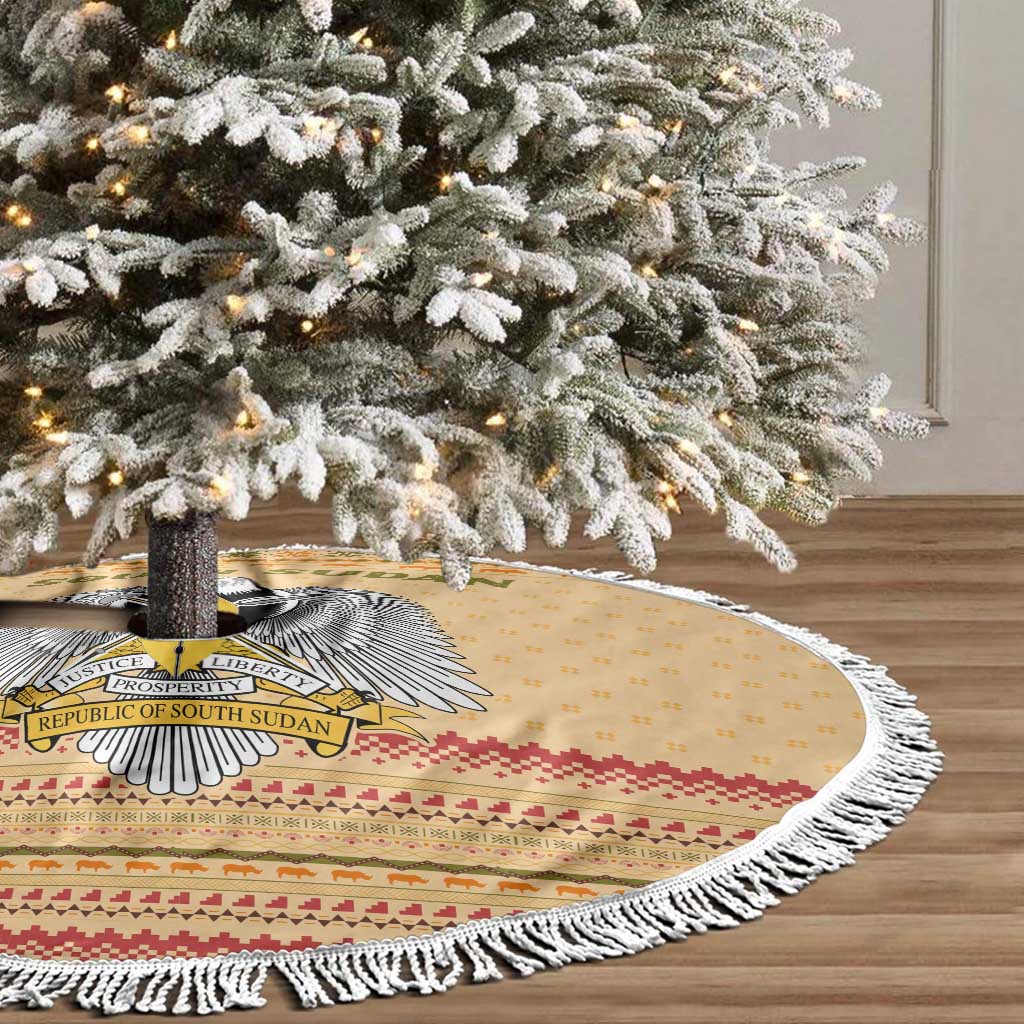 South Sudan Christmas Tree Skirt Beige Tribal Pattern, National Emblem, and Green Star Motif - African Pride