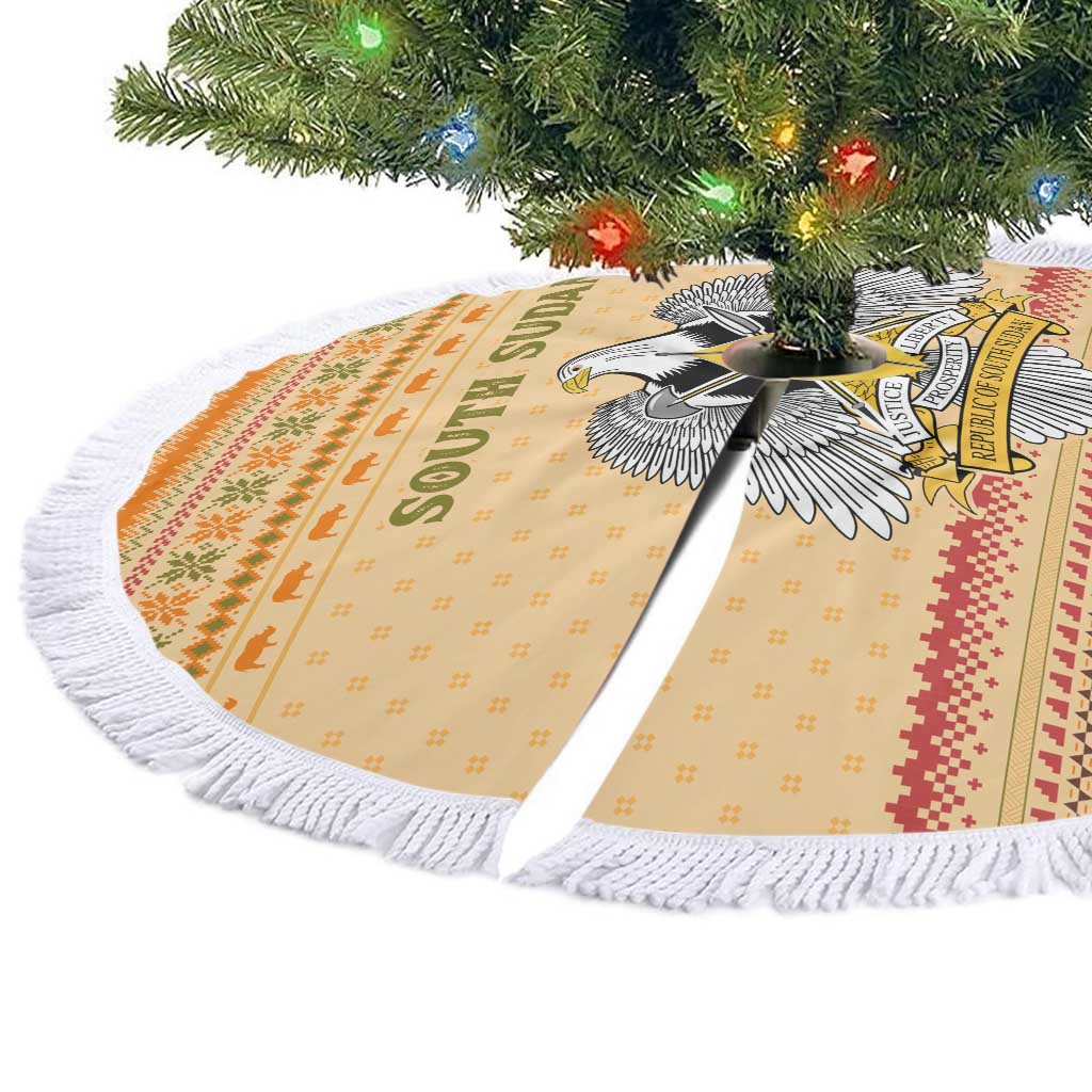South Sudan Christmas Tree Skirt Beige Tribal Pattern, National Emblem, and Green Star Motif - African Pride