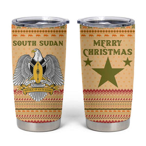 South Sudan Christmas Tumbler Cup Beige Tribal Pattern, National Emblem, and Green Star Motif - African Pride