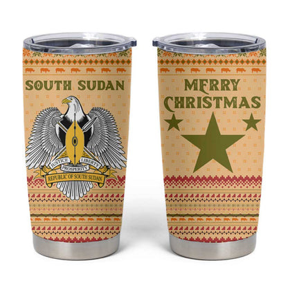 South Sudan Christmas Tumbler Cup Beige Tribal Pattern, National Emblem, and Green Star Motif - African Pride
