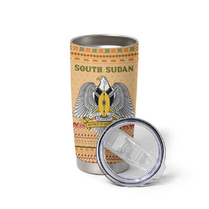 South Sudan Christmas Tumbler Cup Beige Tribal Pattern, National Emblem, and Green Star Motif - African Pride