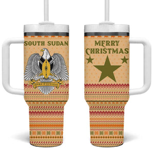 South Sudan Christmas Tumbler With Handle Beige Tribal Pattern, National Emblem, and Green Star Motif - African Pride