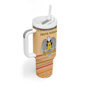 South Sudan Christmas Tumbler With Handle Beige Tribal Pattern, National Emblem, and Green Star Motif - African Pride