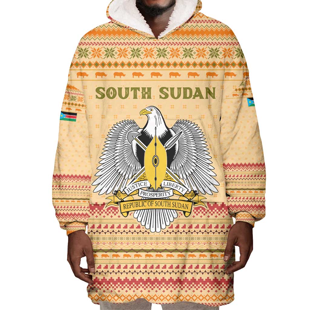 South Sudan Christmas Wearable Blanket Hoodie Beige Tribal Pattern, National Emblem, and Green Star Motif - African Pride