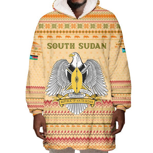South Sudan Christmas Wearable Blanket Hoodie Beige Tribal Pattern, National Emblem, and Green Star Motif - African Pride