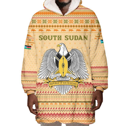South Sudan Christmas Wearable Blanket Hoodie Beige Tribal Pattern, National Emblem, and Green Star Motif - African Pride