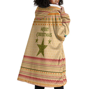 South Sudan Christmas Wearable Blanket Hoodie Beige Tribal Pattern, National Emblem, and Green Star Motif - African Pride