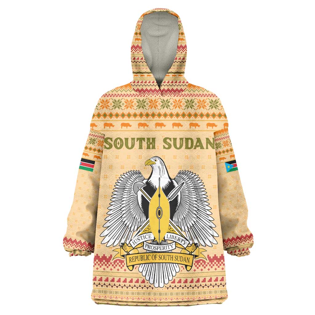 South Sudan Christmas Wearable Blanket Hoodie Beige Tribal Pattern, National Emblem, and Green Star Motif - African Pride