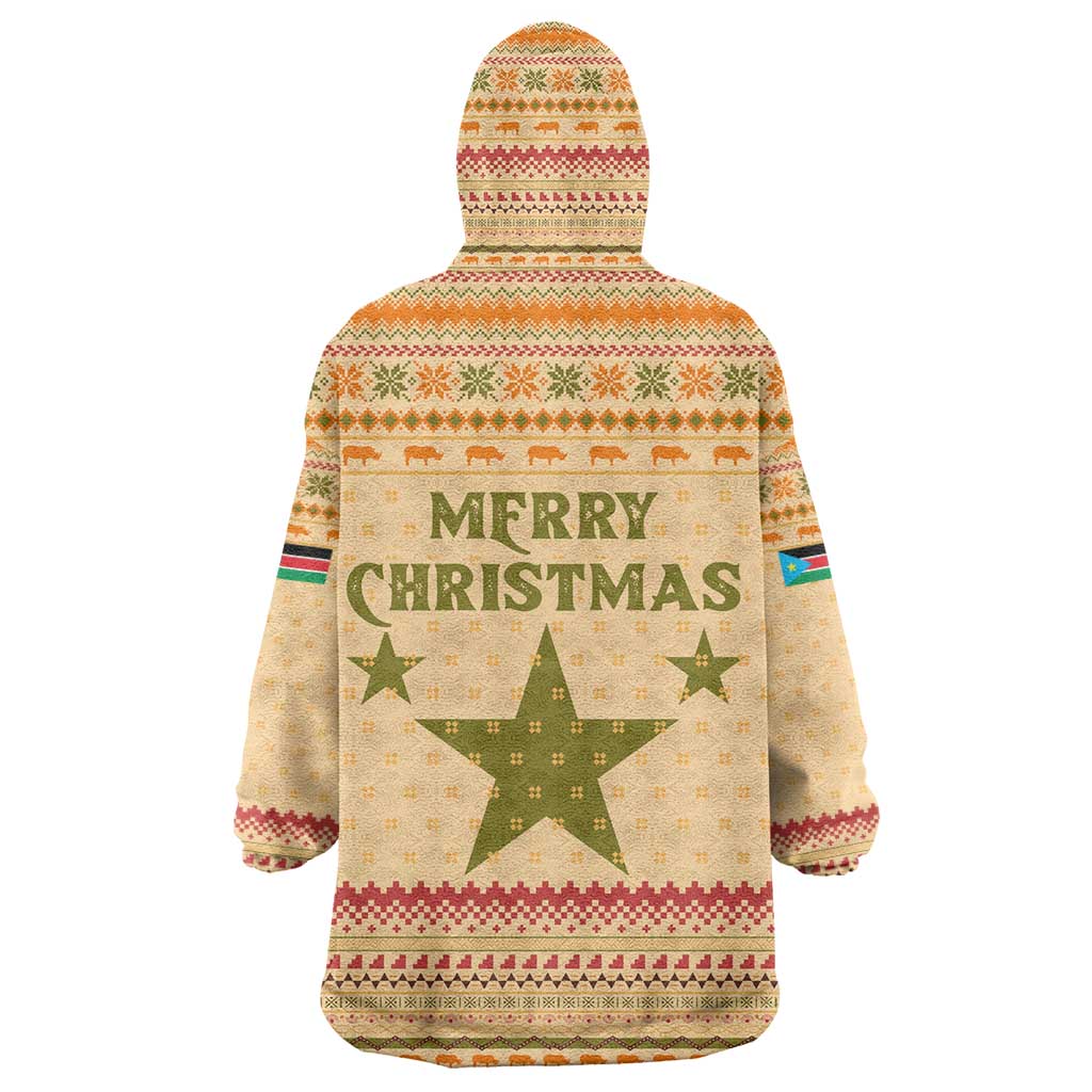 South Sudan Christmas Wearable Blanket Hoodie Beige Tribal Pattern, National Emblem, and Green Star Motif - African Pride