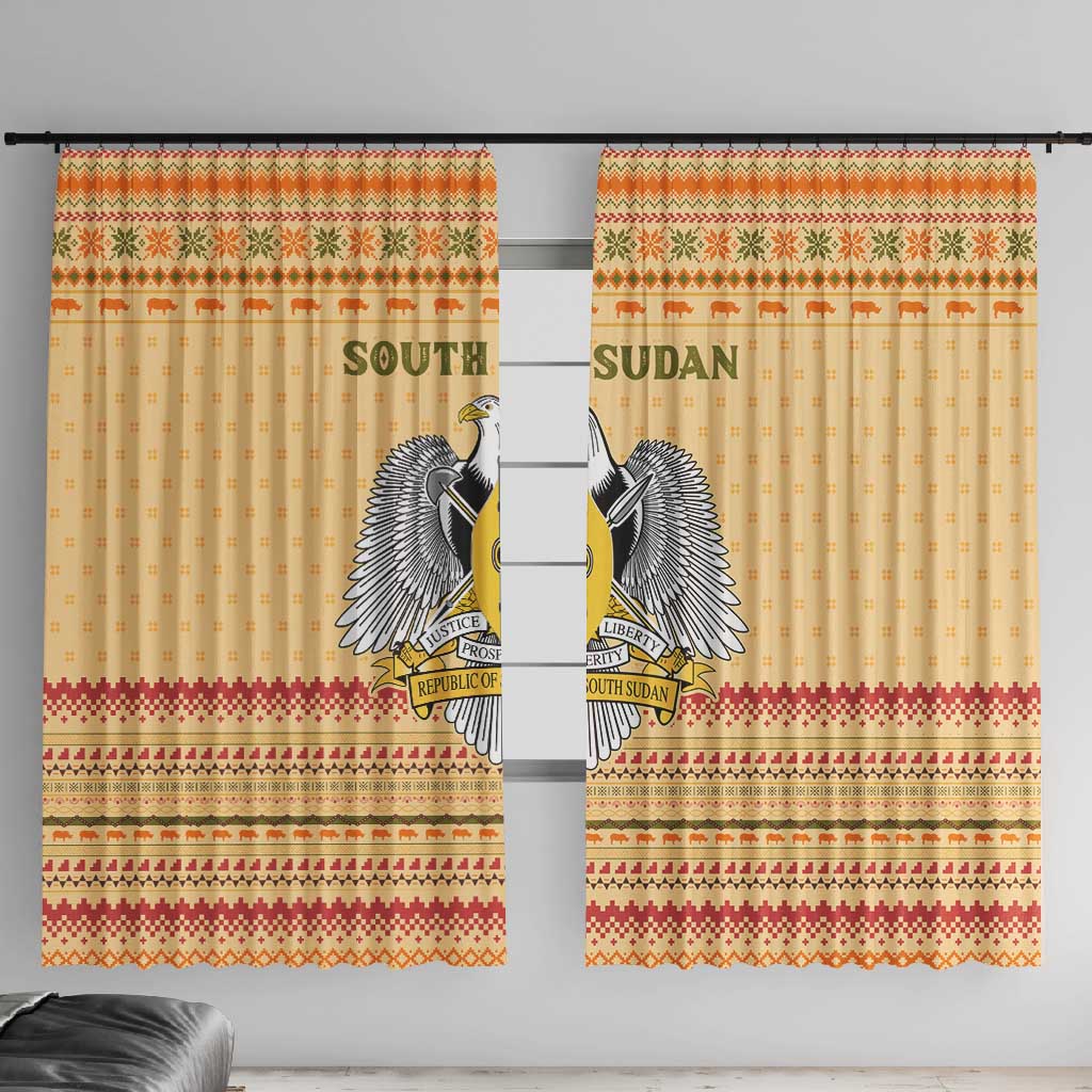 South Sudan Christmas Window Curtain Beige Tribal Pattern, National Emblem, and Green Star Motif - African Pride