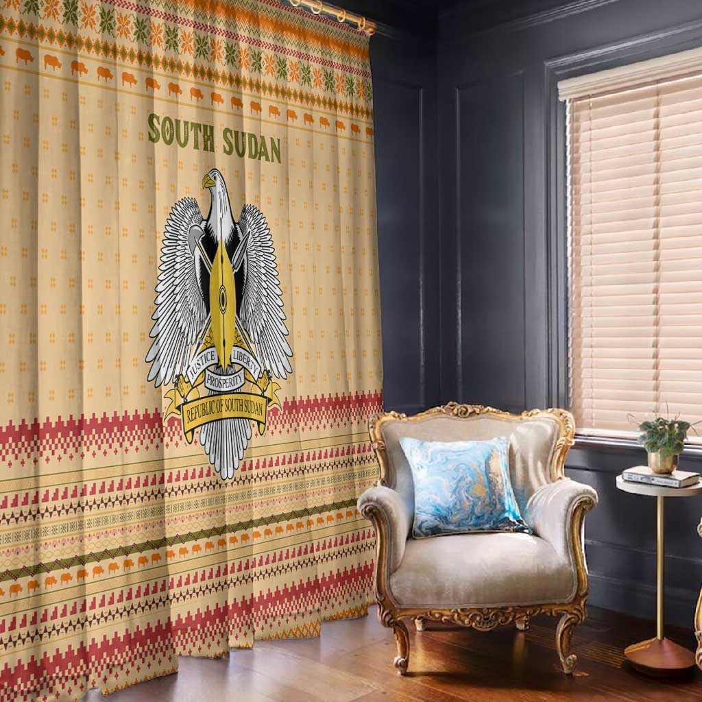 South Sudan Christmas Window Curtain Beige Tribal Pattern, National Emblem, and Green Star Motif - African Pride