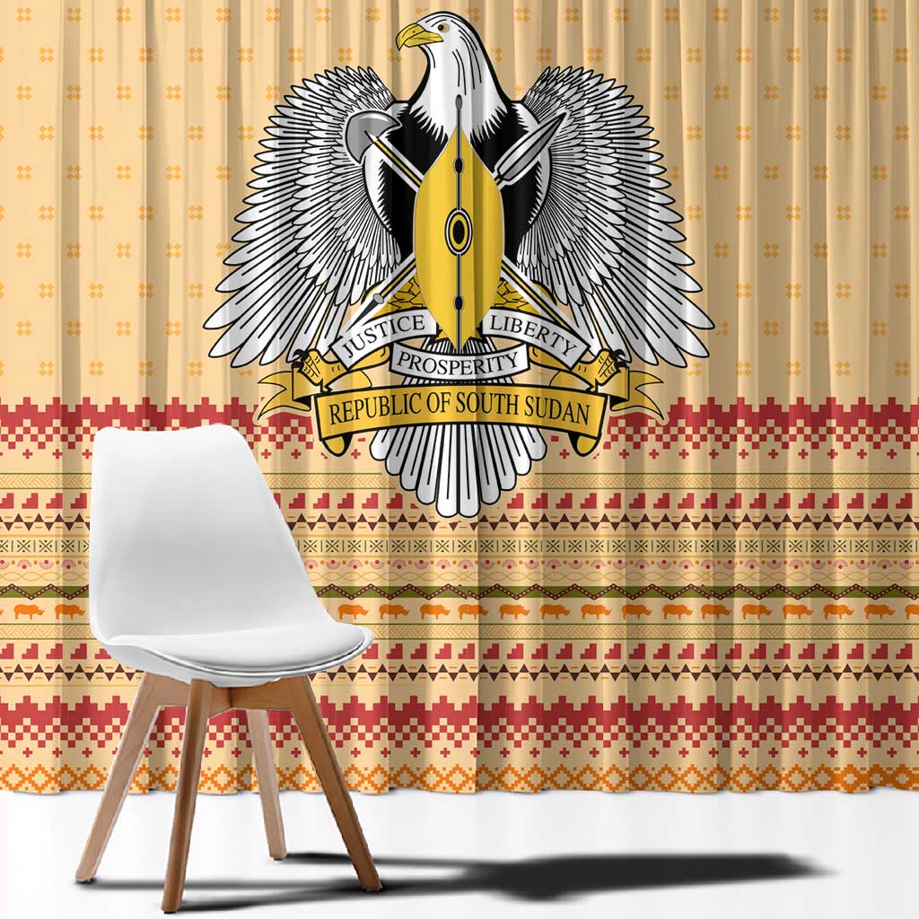 South Sudan Christmas Window Curtain Beige Tribal Pattern, National Emblem, and Green Star Motif - African Pride