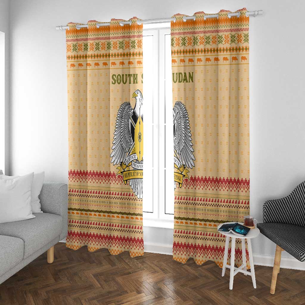 South Sudan Christmas Window Curtain Beige Tribal Pattern, National Emblem, and Green Star Motif - African Pride