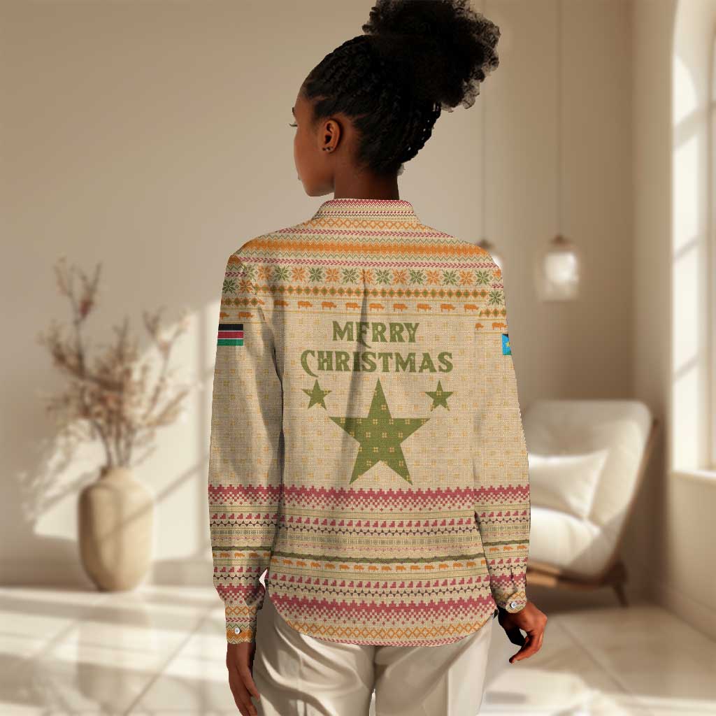 South Sudan Christmas Women Casual Shirt Beige Tribal Pattern, National Emblem, and Green Star Motif - African Pride