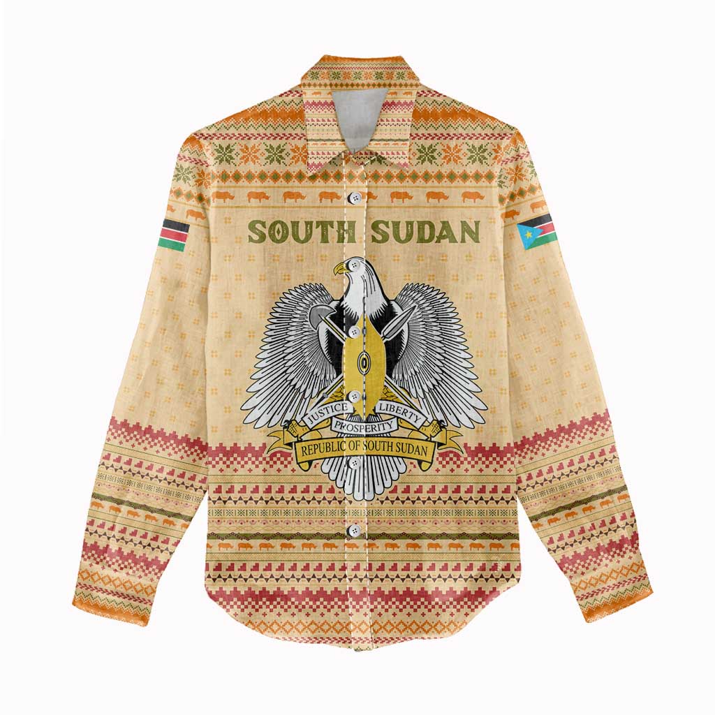 South Sudan Christmas Women Casual Shirt Beige Tribal Pattern, National Emblem, and Green Star Motif - African Pride