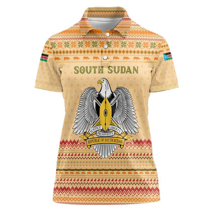 South Sudan Christmas Women Polo Shirt Beige Tribal Pattern, National Emblem, and Green Star Motif - African Pride