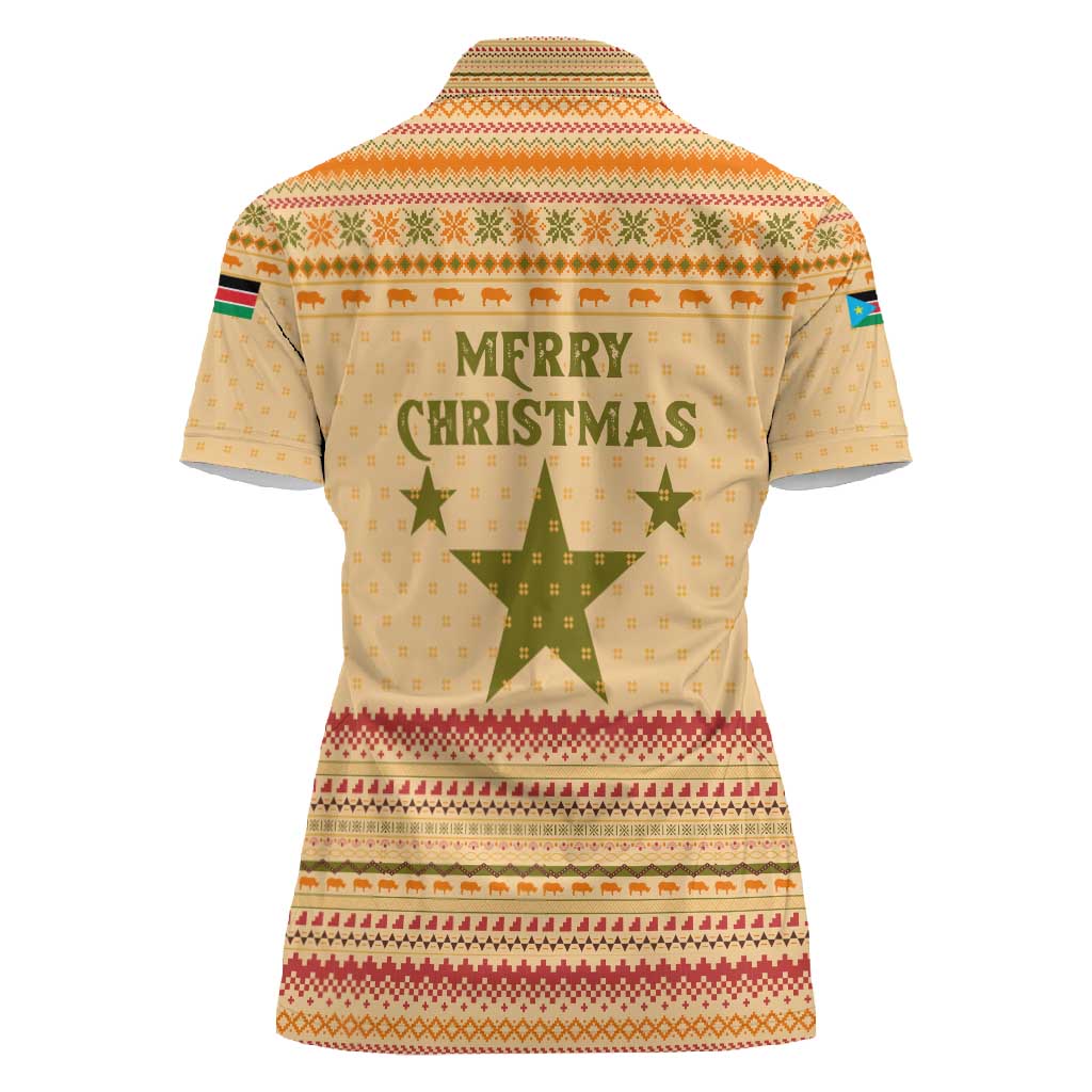 South Sudan Christmas Women Polo Shirt Beige Tribal Pattern, National Emblem, and Green Star Motif - African Pride