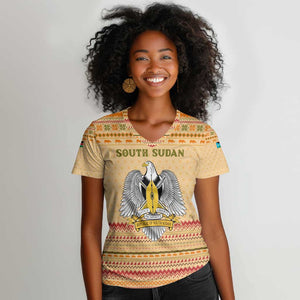 South Sudan Christmas Women V-Neck T-Shirt Beige Tribal Pattern, National Emblem, and Green Star Motif - African Pride