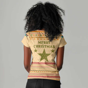 South Sudan Christmas Women V-Neck T-Shirt Beige Tribal Pattern, National Emblem, and Green Star Motif - African Pride